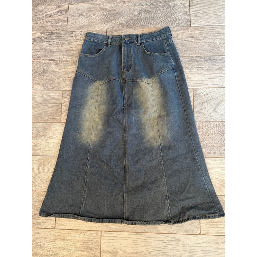Denim Maxi Skirt XL Blue Faded Paneled Modest‎ Long Skirt Womens Extra Large